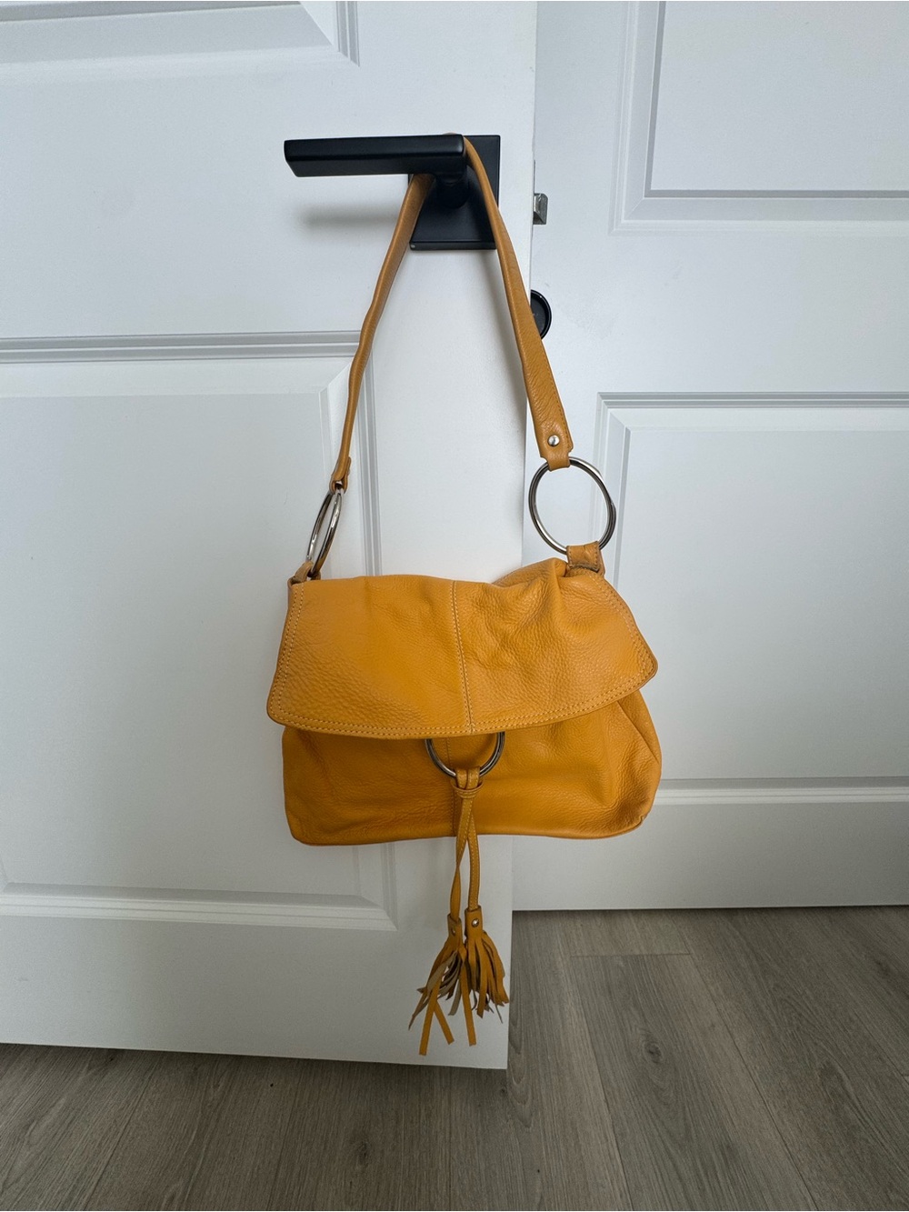 Alfani Mustard leather Shoulder Bag with Tassel and Ring Detail